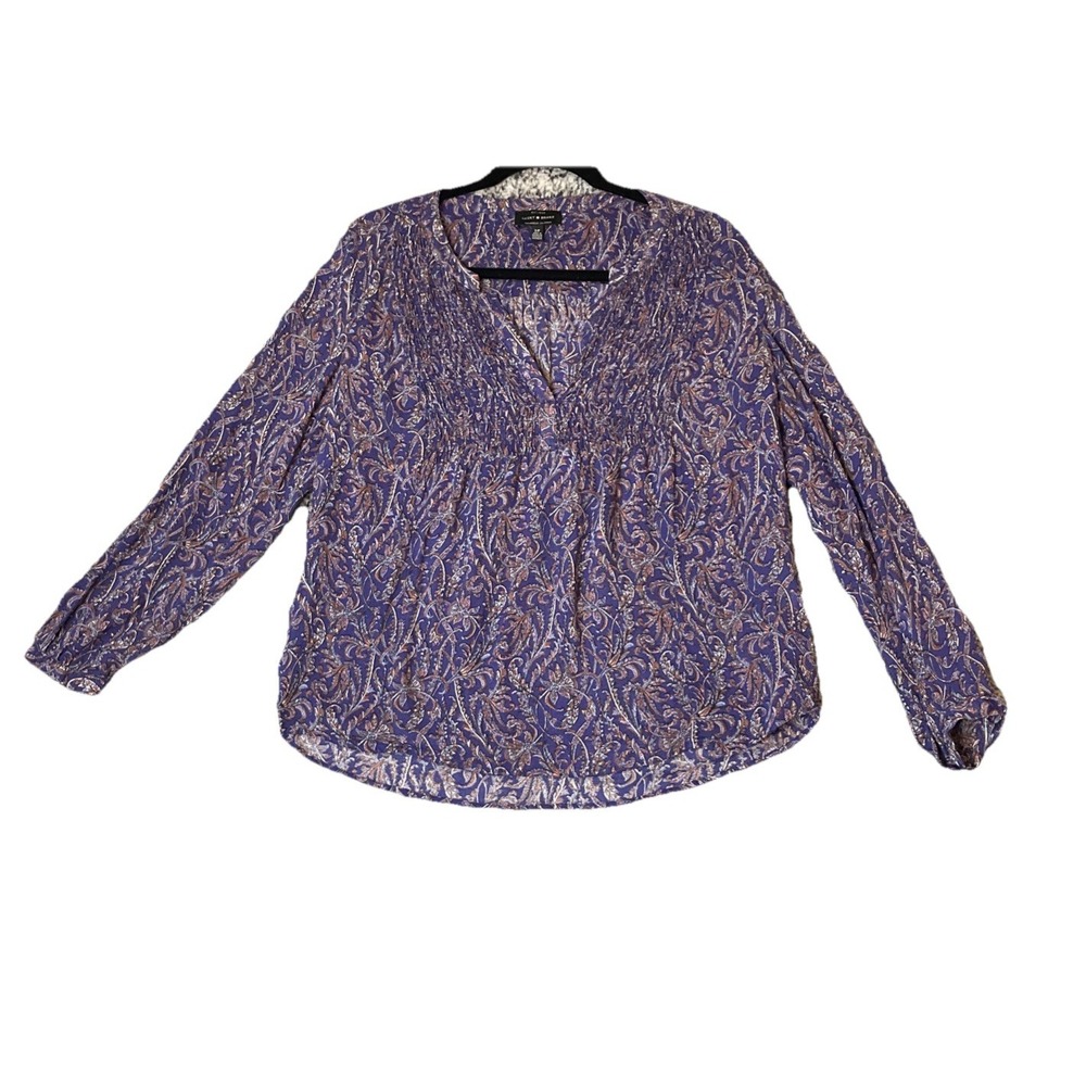 Lucky Brand Womens S Blouse Purple Paisley Smocked V Neck Long Sleeve Top‎ Boho